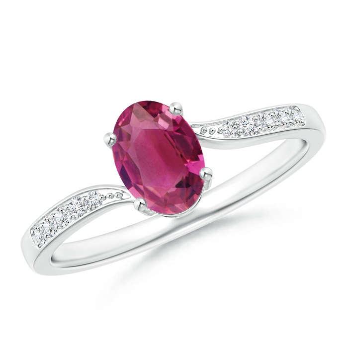 7x5mm AAAA Solitaire Oval Pink Tourmaline Bypass Ring with Pavé Diamonds in White Gold