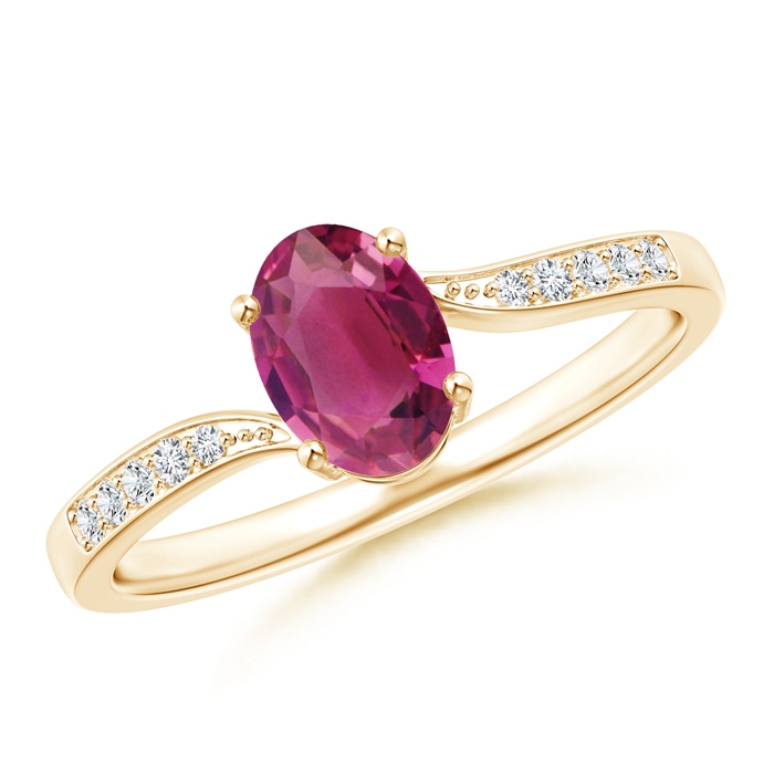 7x5mm AAAA Solitaire Oval Pink Tourmaline Bypass Ring with Pavé Diamonds in Yellow Gold