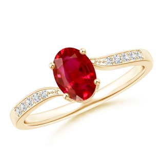 7x5mm AAA Solitaire Oval Ruby Bypass Ring with Pavé Diamonds in 9K Yellow Gold