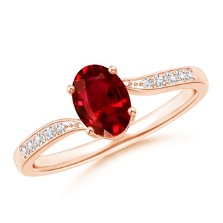 7x5mm AAAA Solitaire Oval Ruby Bypass Ring with Pavé Diamonds in Rose Gold