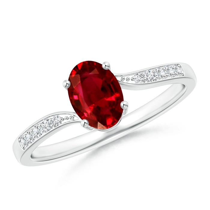 7x5mm AAAA Solitaire Oval Ruby Bypass Ring with Pavé Diamonds in White Gold 