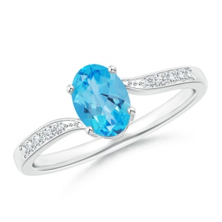 7x5mm AAA Solitaire Swiss Blue Topaz Bypass Ring with Pavé Diamonds in 9K White Gold