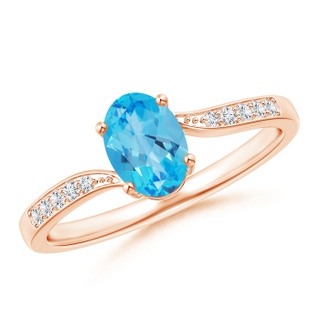 7x5mm AAA Solitaire Swiss Blue Topaz Bypass Ring with Pavé Diamonds in Rose Gold