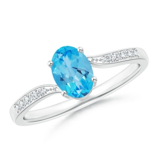 7x5mm AAA Solitaire Swiss Blue Topaz Bypass Ring with Pavé Diamonds in White Gold