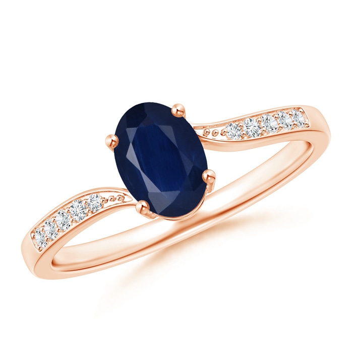 7x5mm A Solitaire Oval Blue Sapphire Bypass Ring with Pavé Diamonds in Rose Gold 