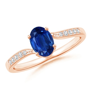 7x5mm AAA Solitaire Oval Blue Sapphire Bypass Ring with Pavé Diamonds in Rose Gold