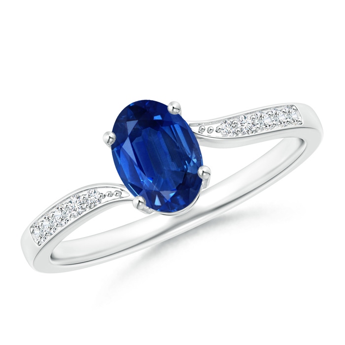 7x5mm AAA Solitaire Oval Blue Sapphire Bypass Ring with Pavé Diamonds in White Gold 