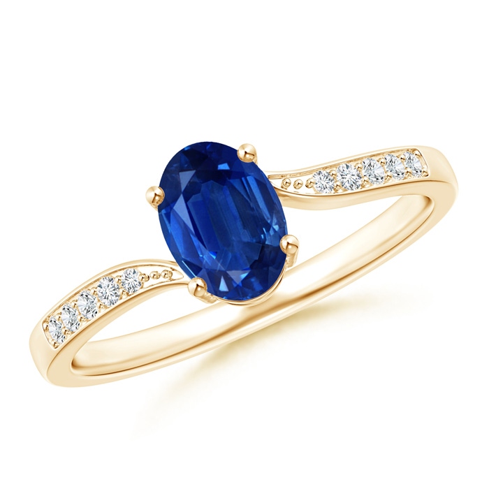 7x5mm AAA Solitaire Oval Blue Sapphire Bypass Ring with Pavé Diamonds in Yellow Gold 