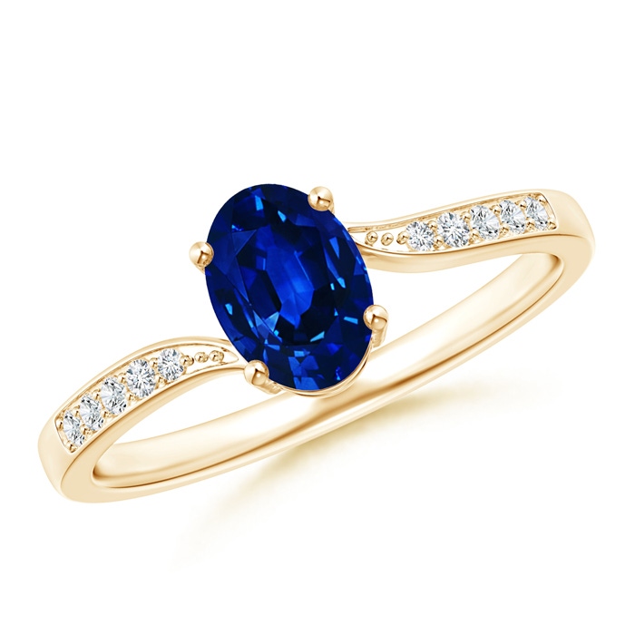 7x5mm AAAA Solitaire Oval Blue Sapphire Bypass Ring with Pavé Diamonds in Yellow Gold 