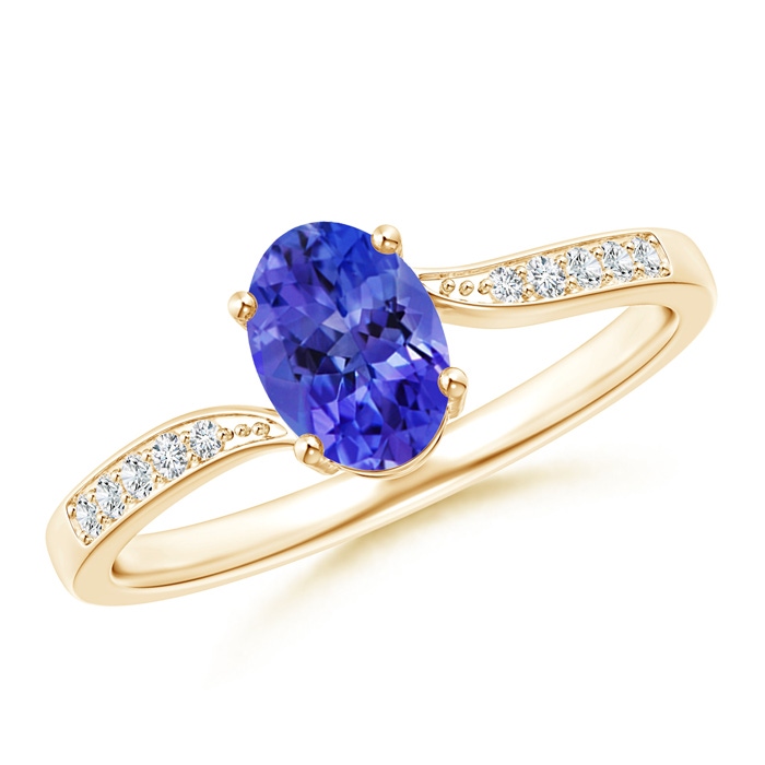 7x5mm AAA Solitaire Oval Tanzanite Bypass Ring with Pavé Diamonds in Yellow Gold 