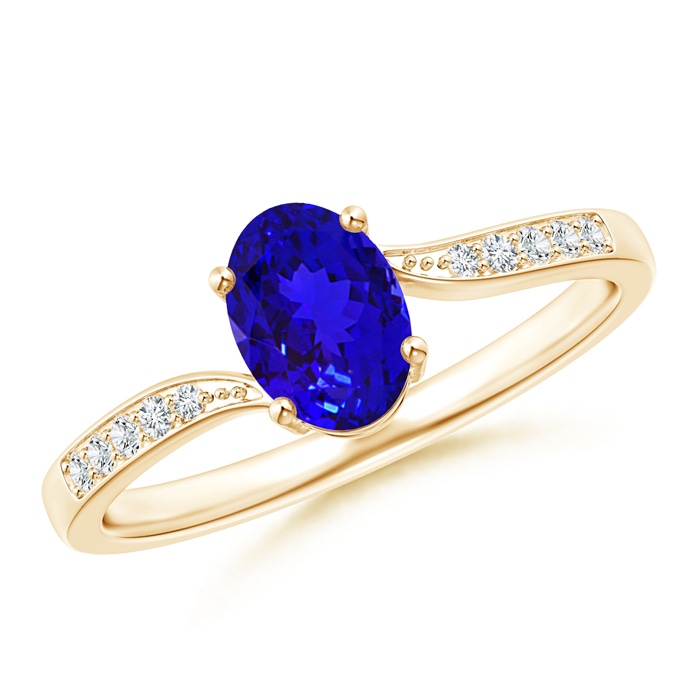 7x5mm AAAA Solitaire Oval Tanzanite Bypass Ring with Pavé Diamonds in Yellow Gold 