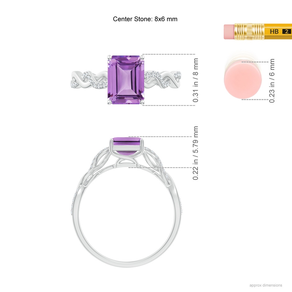 8x6mm A Emerald-Cut Solitaire Amethyst Infinity Twist Ring in White Gold ruler