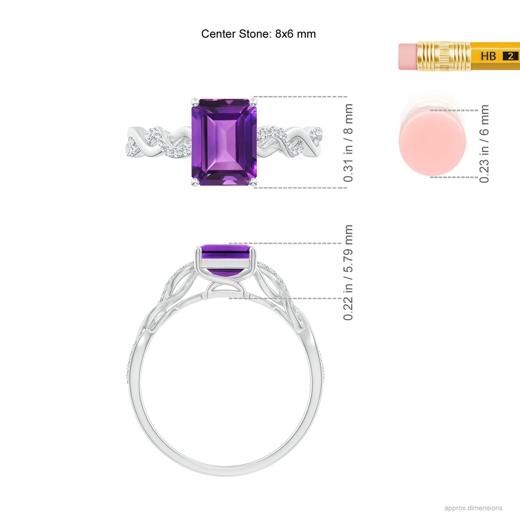 8x6mm AAAA Emerald-Cut Solitaire Amethyst Infinity Twist Ring in White Gold Ruler