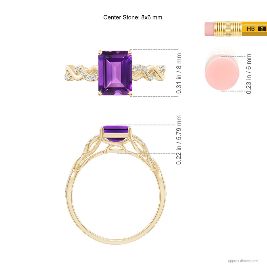 8x6mm AAAA Emerald-Cut Solitaire Amethyst Infinity Twist Ring in Yellow Gold ruler