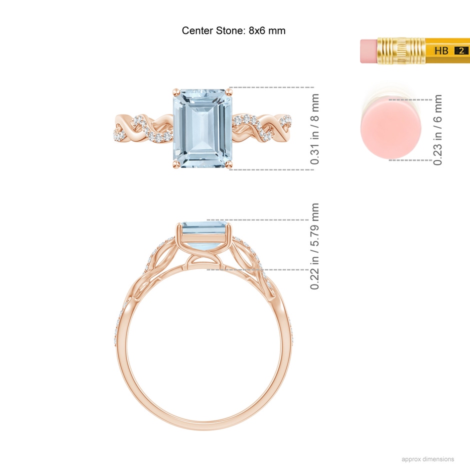 8x6mm A Emerald-Cut Solitaire Aquamarine Infinity Twist Ring in Rose Gold ruler