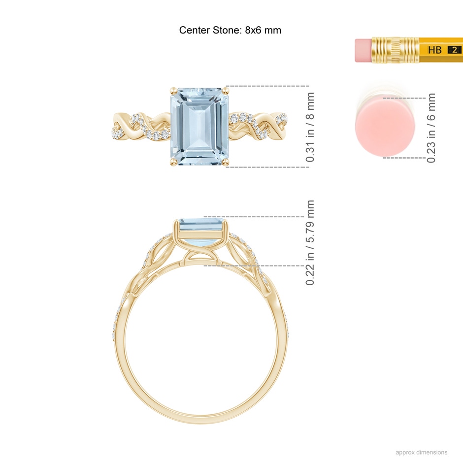 8x6mm A Emerald-Cut Solitaire Aquamarine Infinity Twist Ring in Yellow Gold ruler