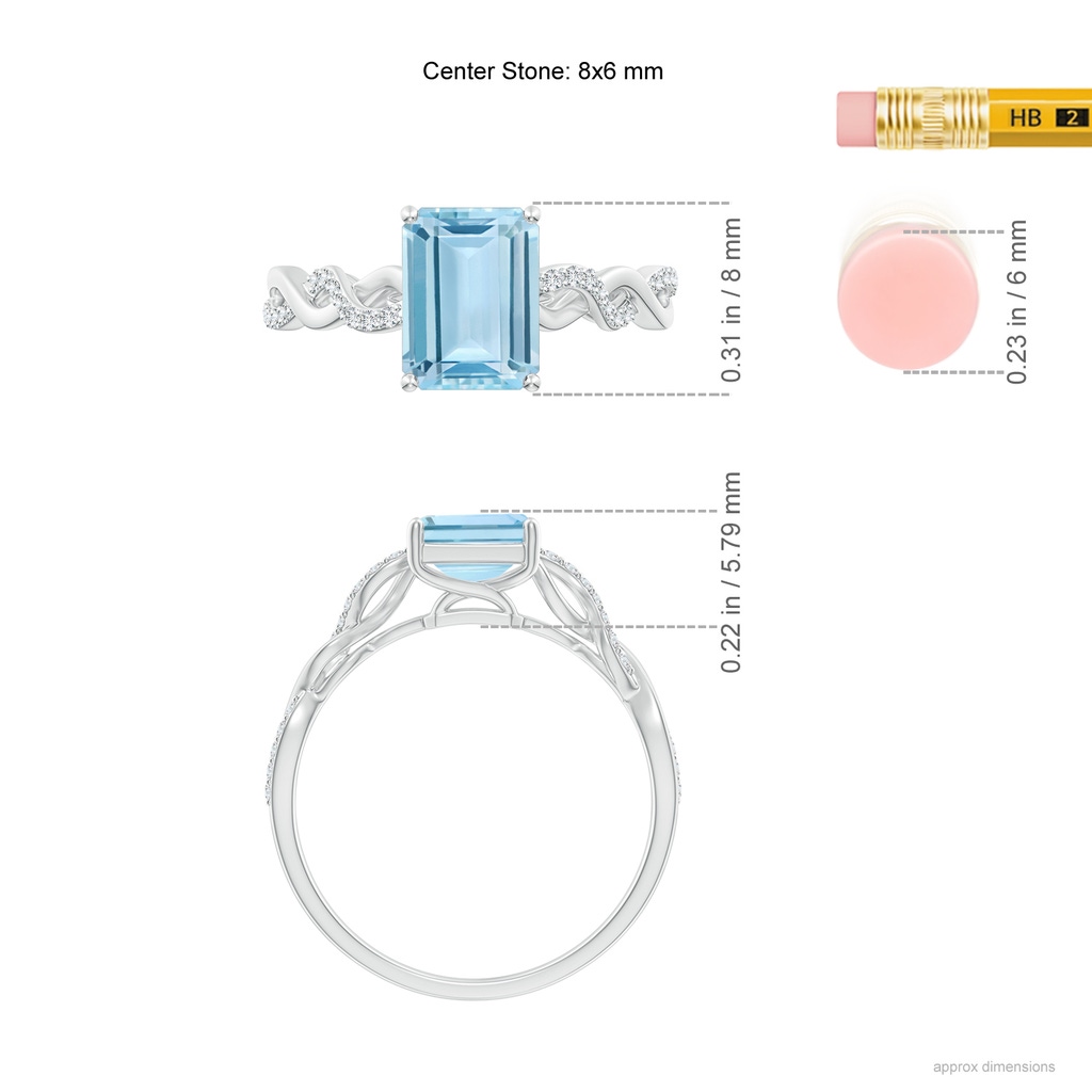 8x6mm AAA Emerald-Cut Solitaire Aquamarine Infinity Twist Ring in 9K White Gold ruler