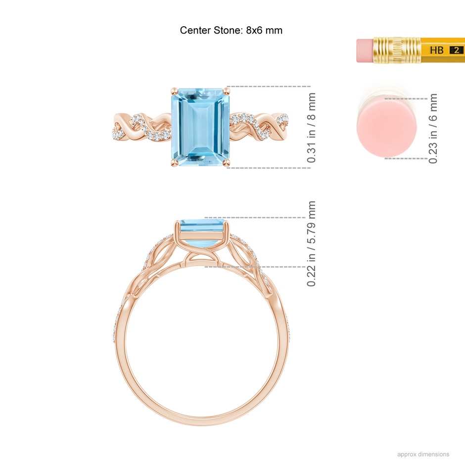8x6mm AAAA Emerald-Cut Solitaire Aquamarine Infinity Twist Ring in Rose Gold ruler