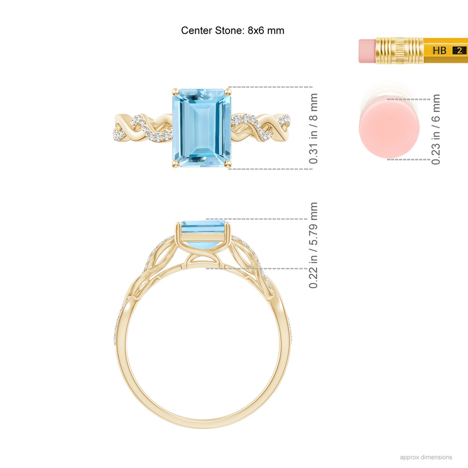 8x6mm AAAA Emerald-Cut Solitaire Aquamarine Infinity Twist Ring in Yellow Gold ruler