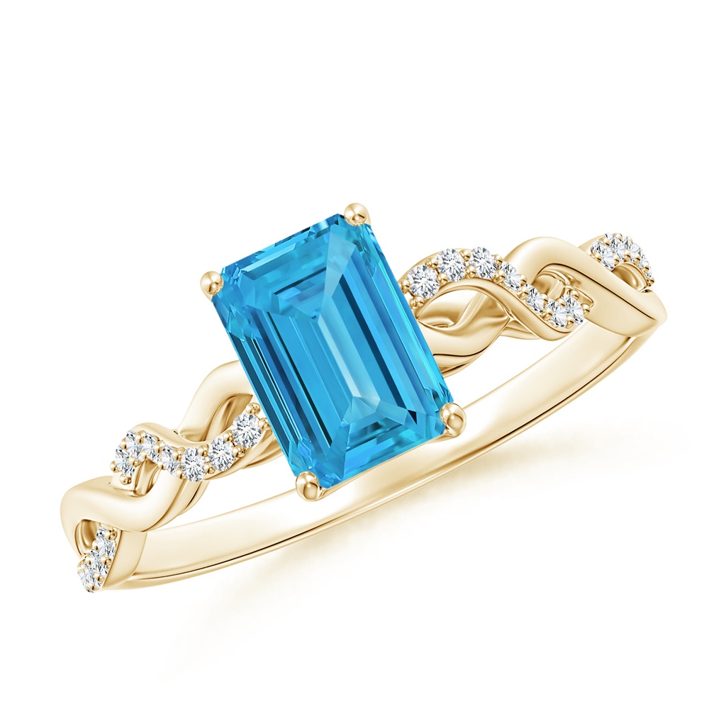 7x5mm AAAA Emerald-Cut Solitaire Fancy Intense Blue Diamond Infinity Twist Ring in Yellow Gold