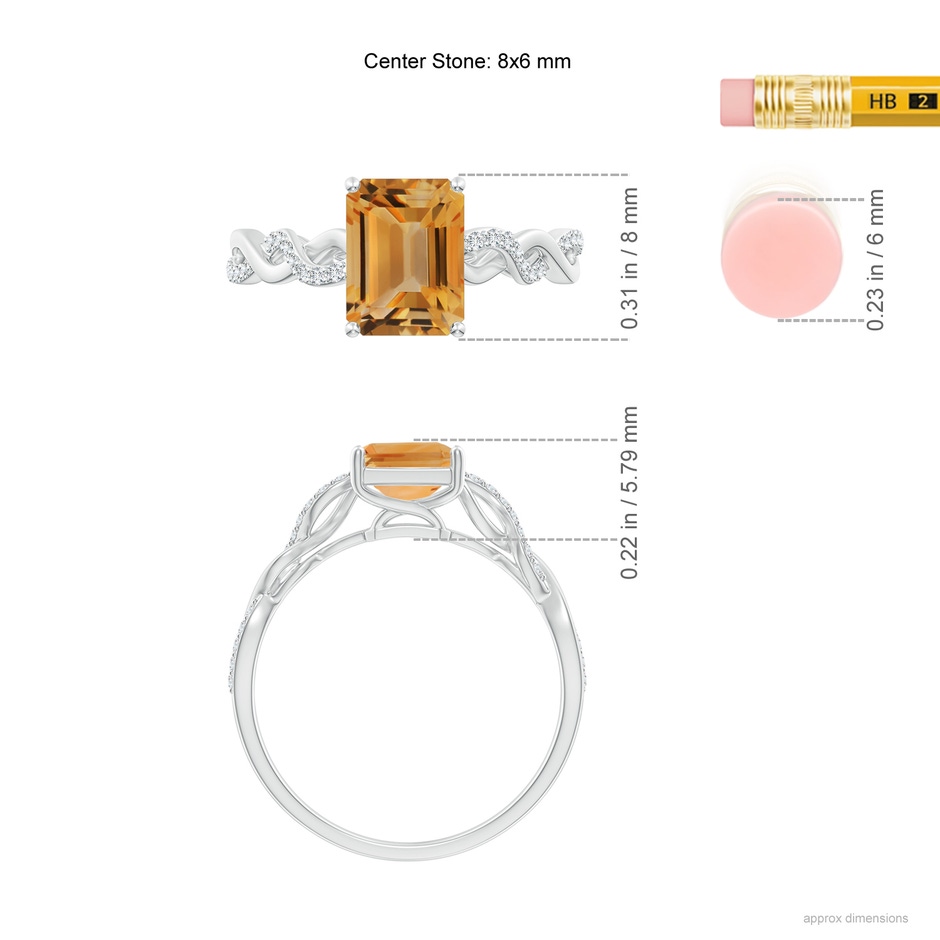 8x6mm A Emerald-Cut Solitaire Citrine Infinity Twist Ring in White Gold ruler