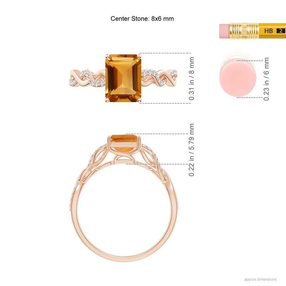 8x6mm AA Emerald-Cut Solitaire Citrine Infinity Twist Ring in Rose Gold ruler