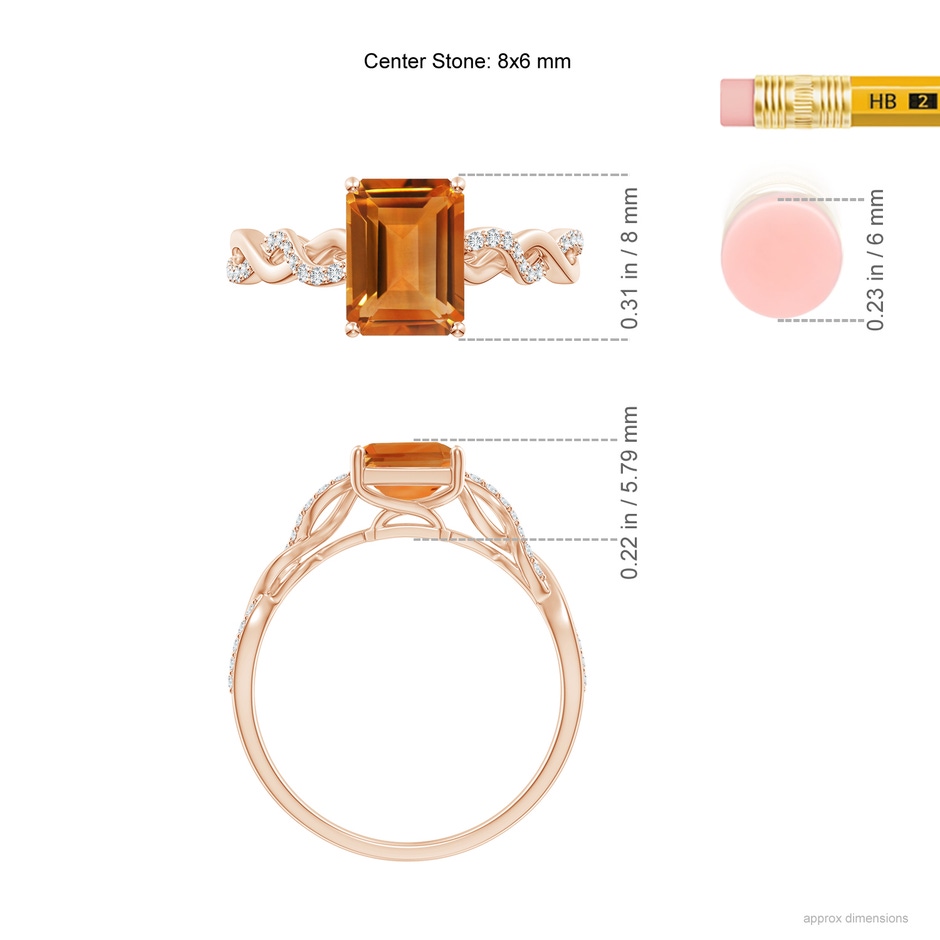 8x6mm AAA Emerald-Cut Solitaire Citrine Infinity Twist Ring in Rose Gold ruler