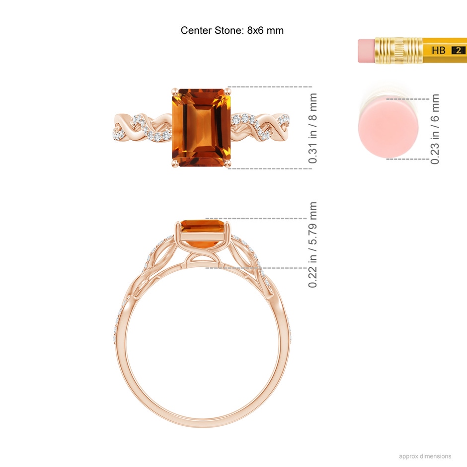 8x6mm AAAA Emerald-Cut Solitaire Citrine Infinity Twist Ring in Rose Gold ruler