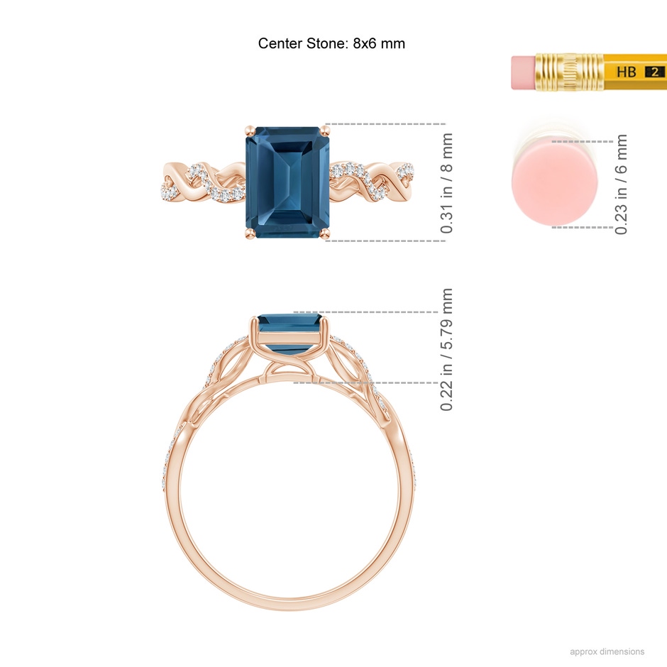 8x6mm AA Emerald-Cut Solitaire London Blue Topaz Infinity Twist Ring in Rose Gold ruler
