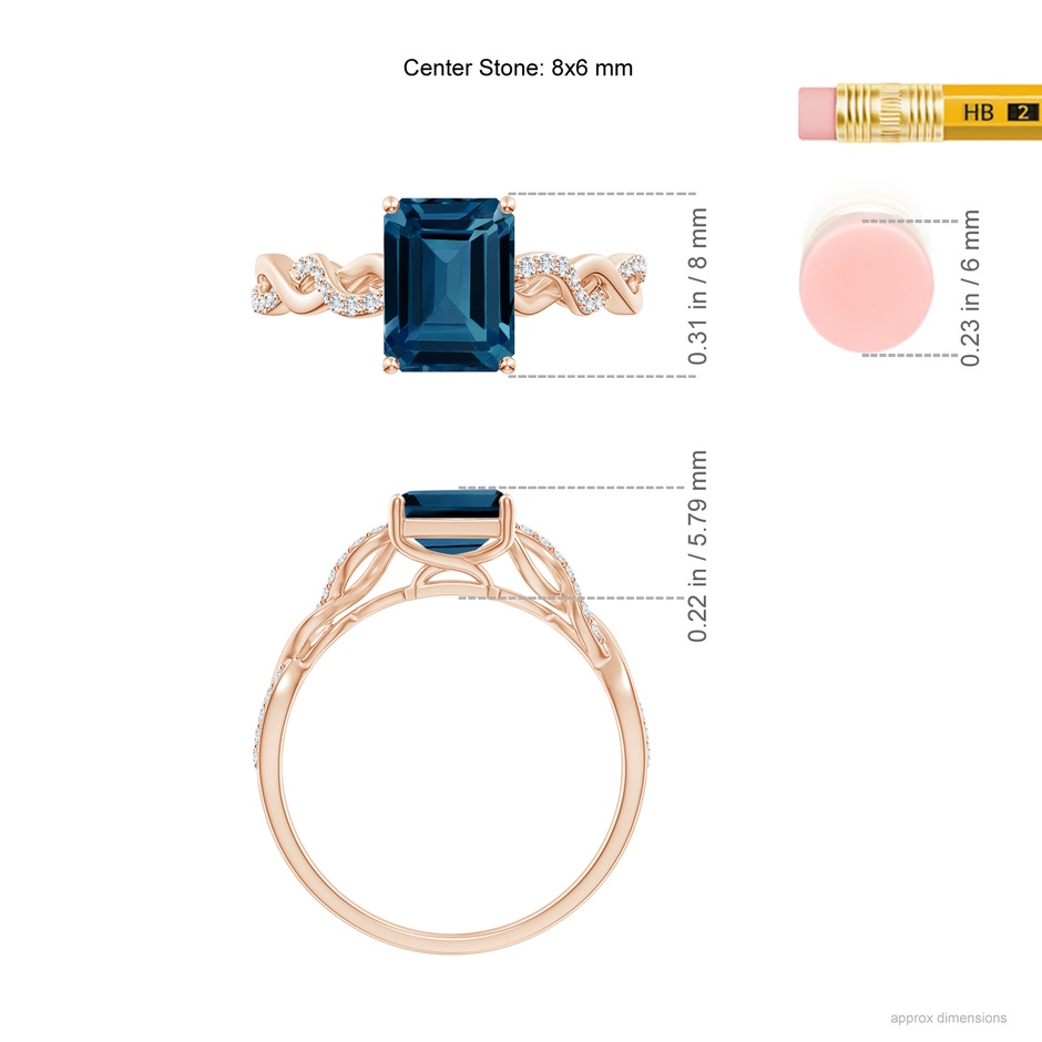 8x6mm AAAA Emerald-Cut Solitaire London Blue Topaz Infinity Twist Ring in 18K Rose Gold ruler
