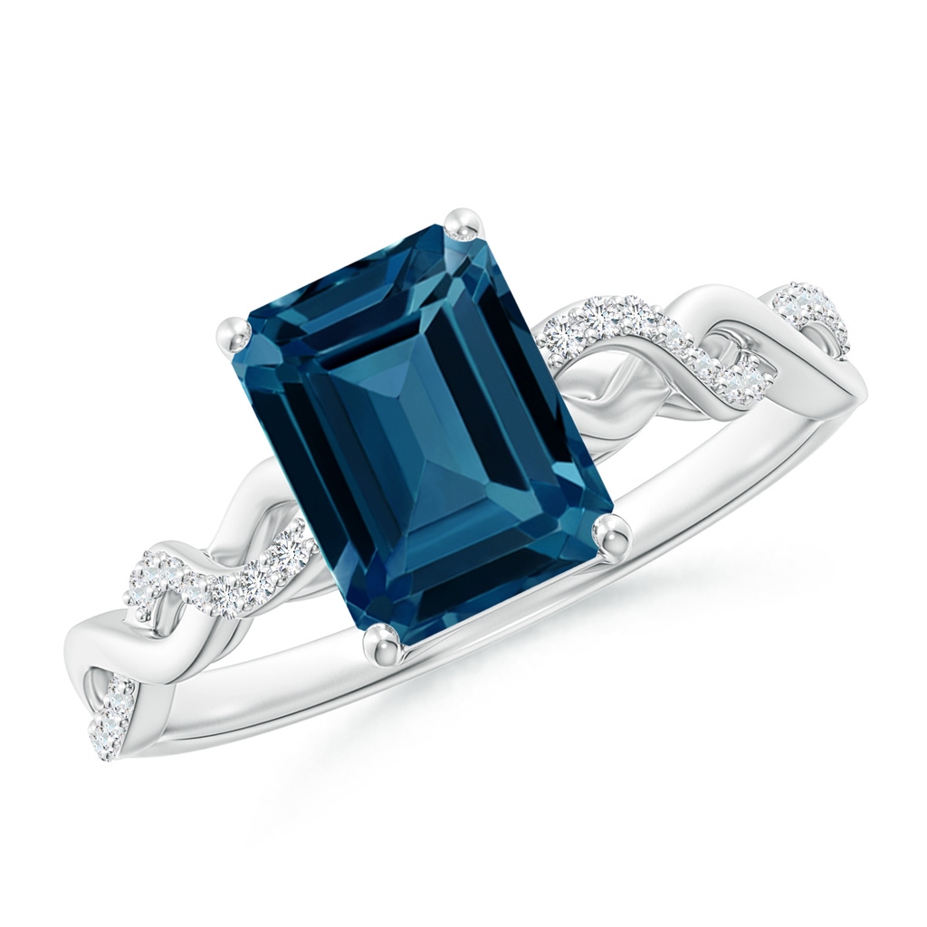 8x6mm AAAA Emerald-Cut Solitaire London Blue Topaz Infinity Twist Ring in 18K White Gold