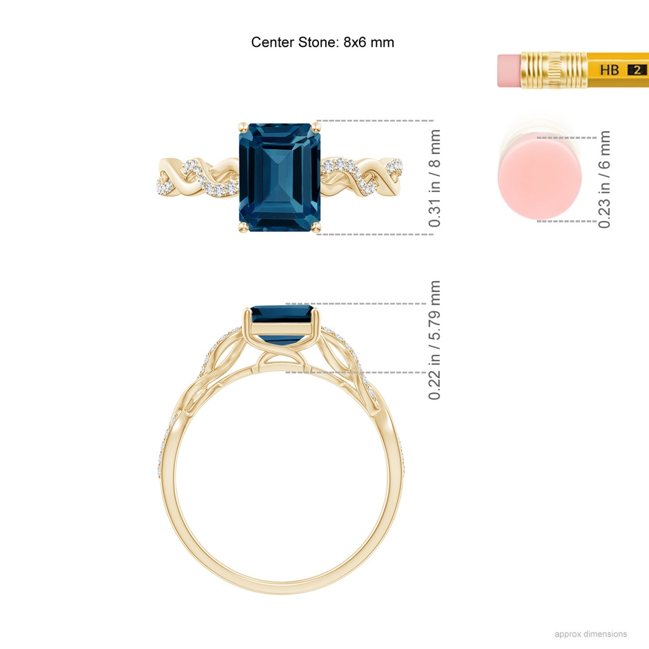 8x6mm AAAA Emerald-Cut Solitaire London Blue Topaz Infinity Twist Ring in Yellow Gold ruler