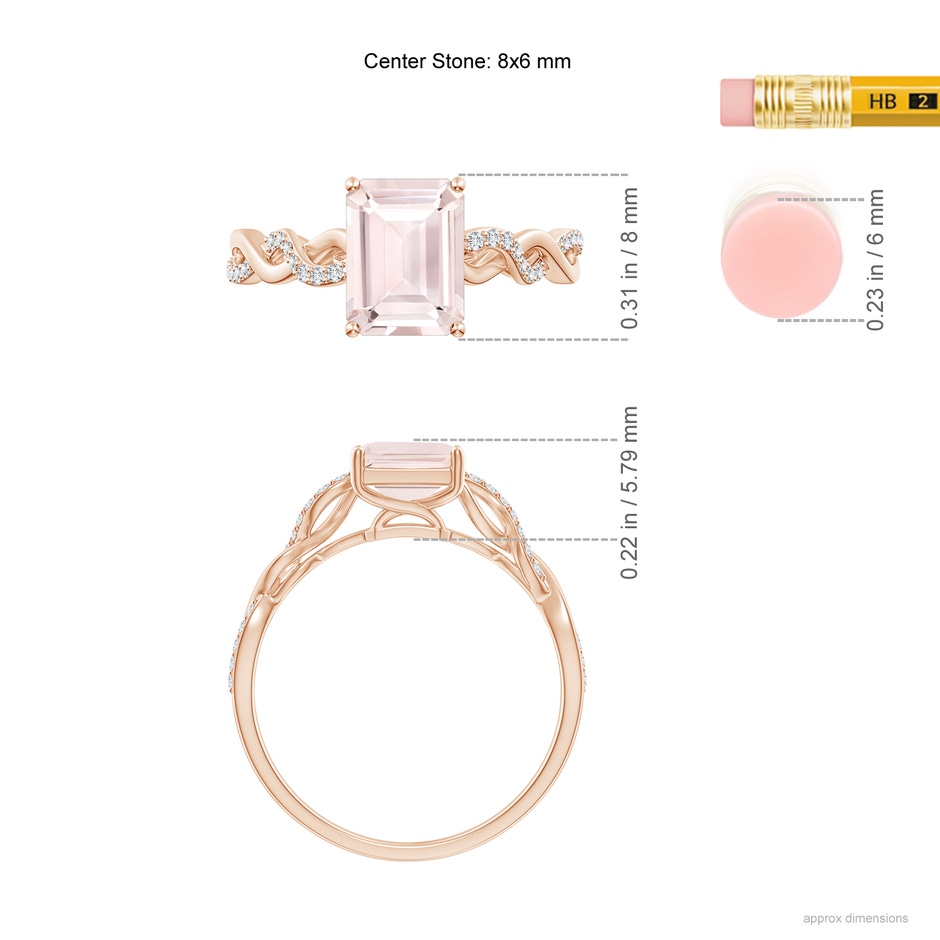 8x6mm A Emerald-Cut Solitaire Morganite Infinity Twist Ring in Rose Gold ruler