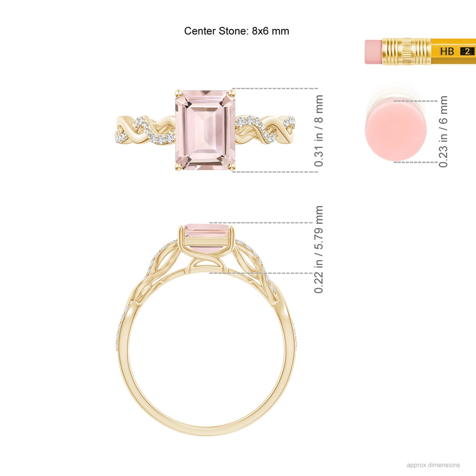 8x6mm AA Emerald-Cut Solitaire Morganite Infinity Twist Ring in Yellow Gold ruler