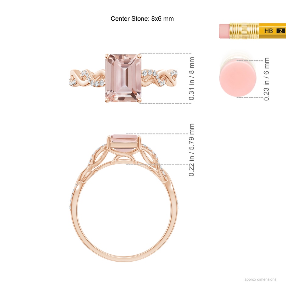 8x6mm AAA Emerald-Cut Solitaire Morganite Infinity Twist Ring in Rose Gold ruler