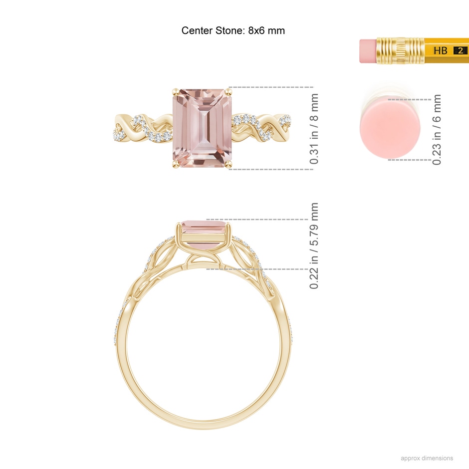 8x6mm AAA Emerald-Cut Solitaire Morganite Infinity Twist Ring in Yellow Gold ruler