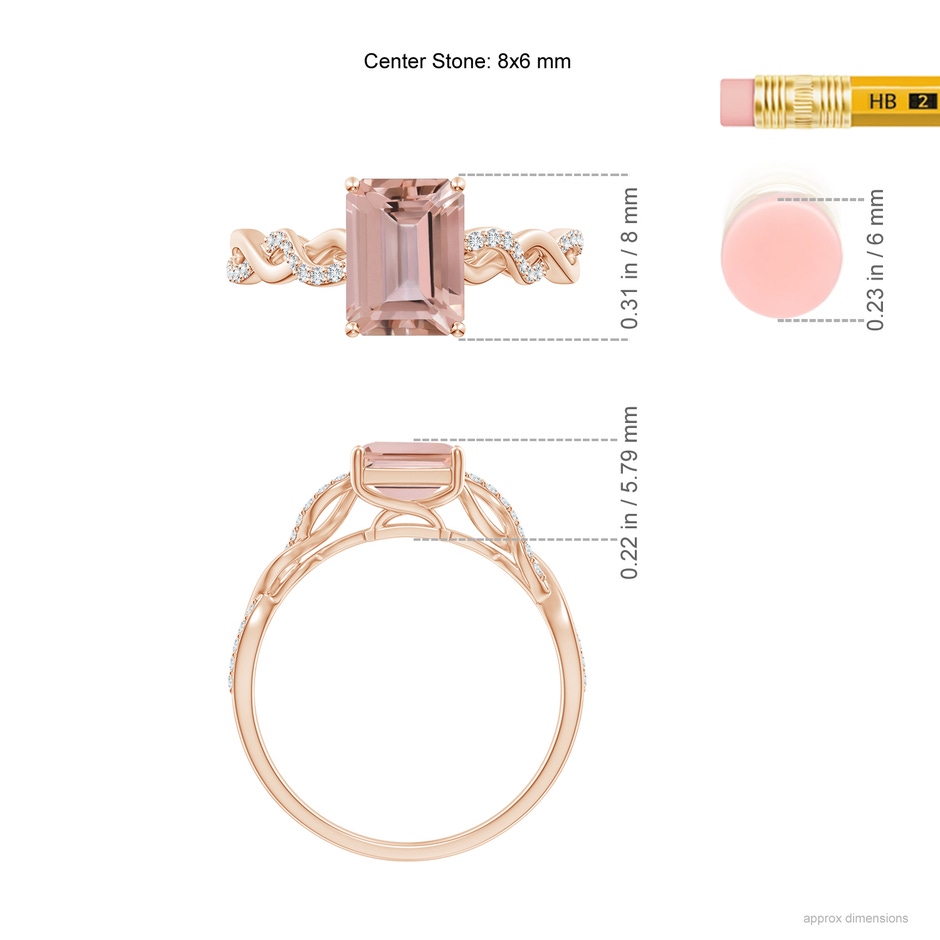 8x6mm AAAA Emerald-Cut Solitaire Morganite Infinity Twist Ring in 9K Rose Gold ruler