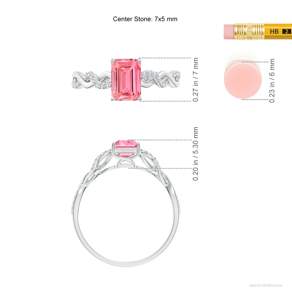 7x5mm AAAA Emerald-Cut Solitaire Fancy Intense Pink Diamond Infinity Twist Ring in P950 Platinum ruler