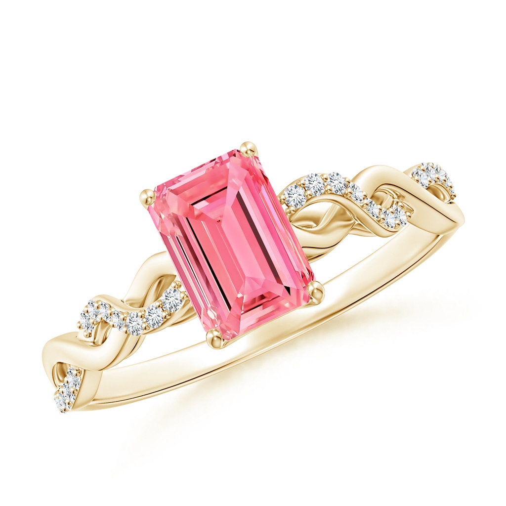 7x5mm AAAA Emerald-Cut Solitaire Fancy Intense Pink Diamond Infinity Twist Ring in Yellow Gold