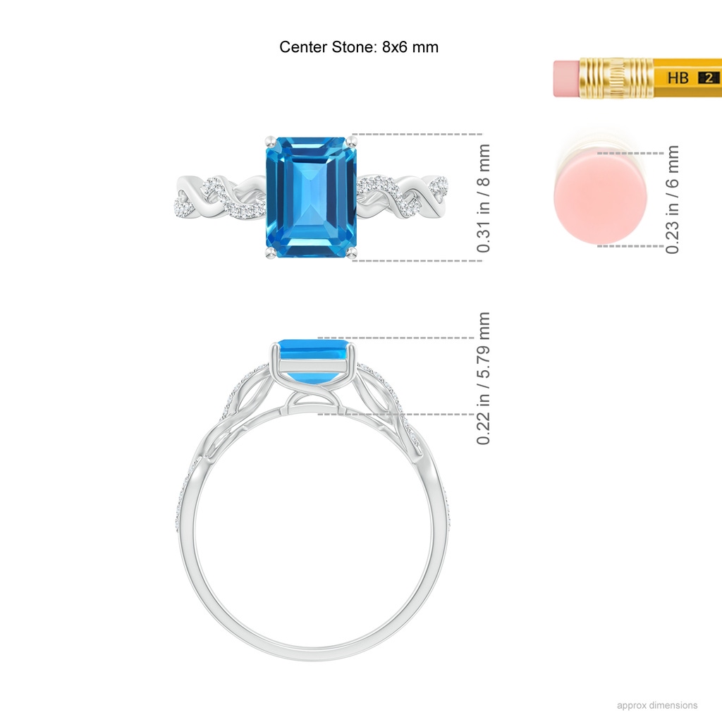 8x6mm AAAA Emerald-Cut Solitaire Swiss Blue Topaz Infinity Twist Ring in White Gold Ruler