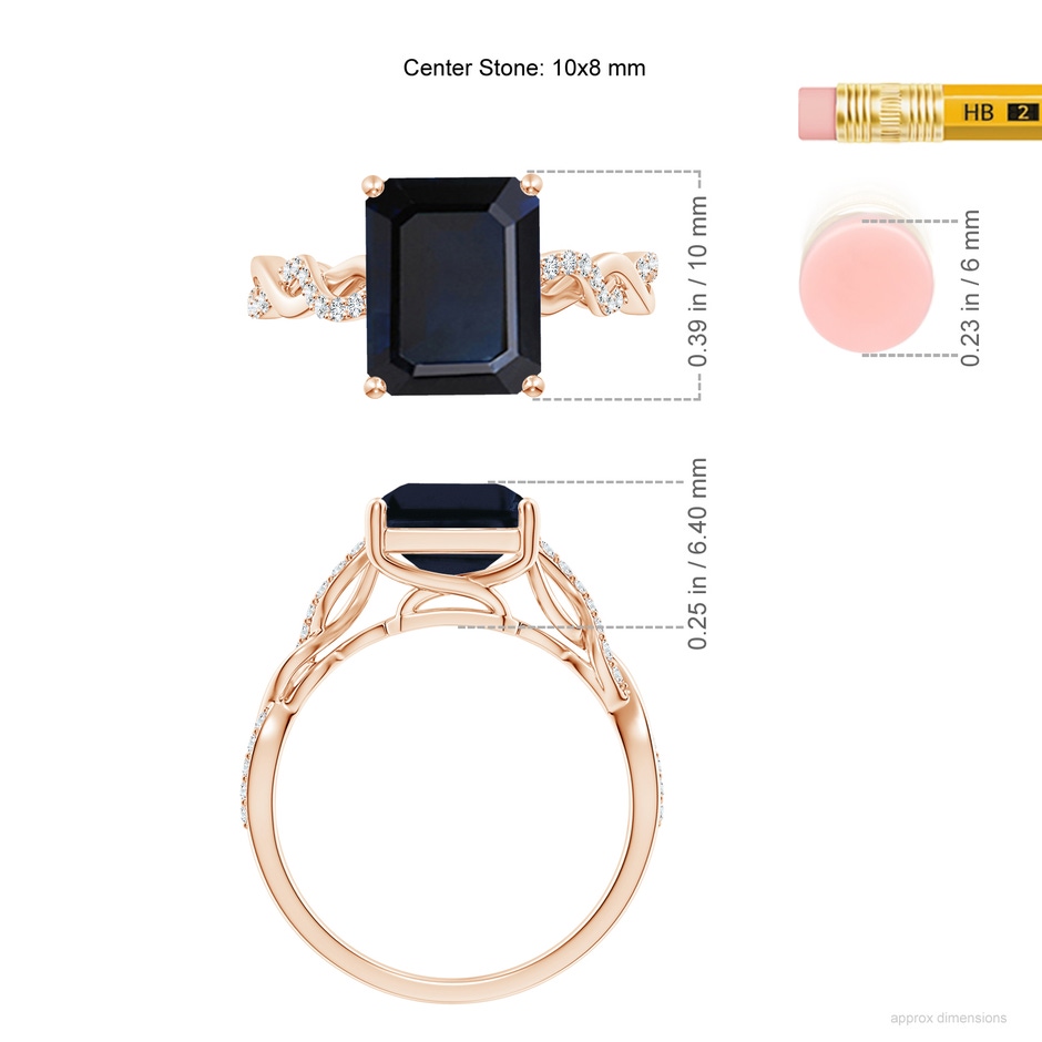 10x8mm A Emerald-Cut Solitaire Sapphire Infinity Twist Ring in Rose Gold ruler