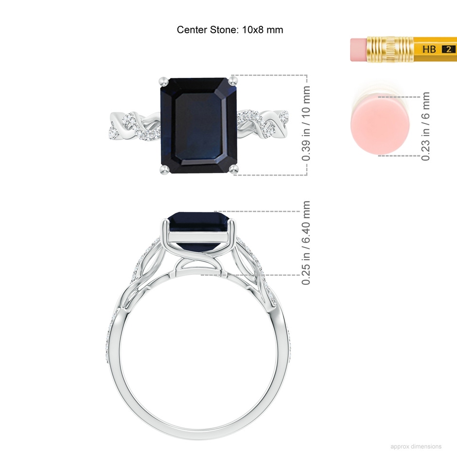 10x8mm A Emerald-Cut Solitaire Sapphire Infinity Twist Ring in White Gold ruler
