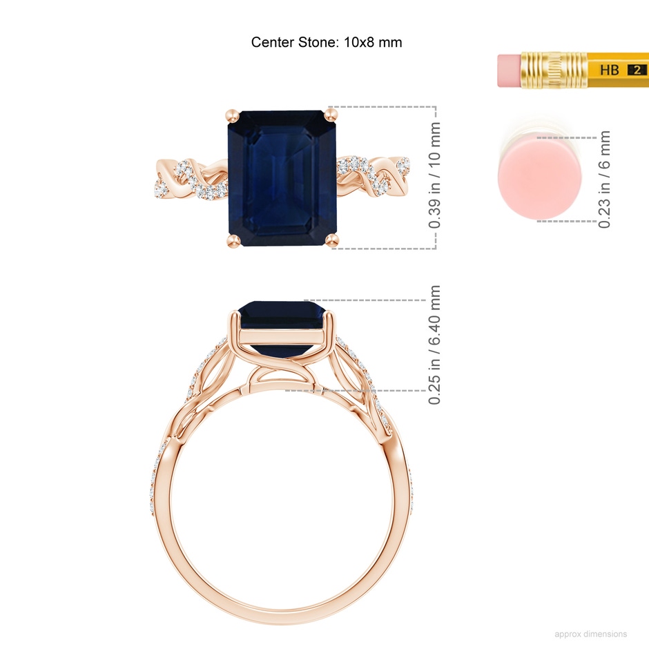 10x8mm AA Emerald-Cut Solitaire Sapphire Infinity Twist Ring in 18K Rose Gold ruler