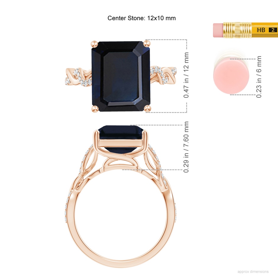 12x10mm A Emerald-Cut Solitaire Sapphire Infinity Twist Ring in Rose Gold ruler