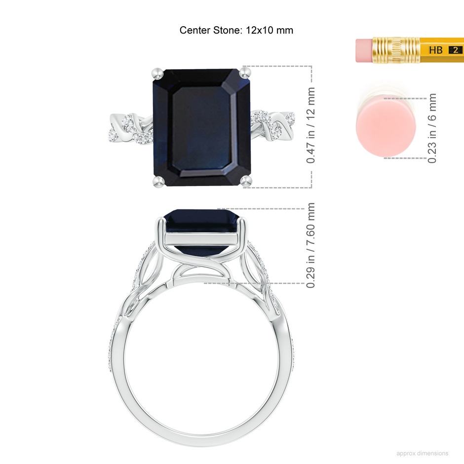 12x10mm A Emerald-Cut Solitaire Sapphire Infinity Twist Ring in White Gold ruler