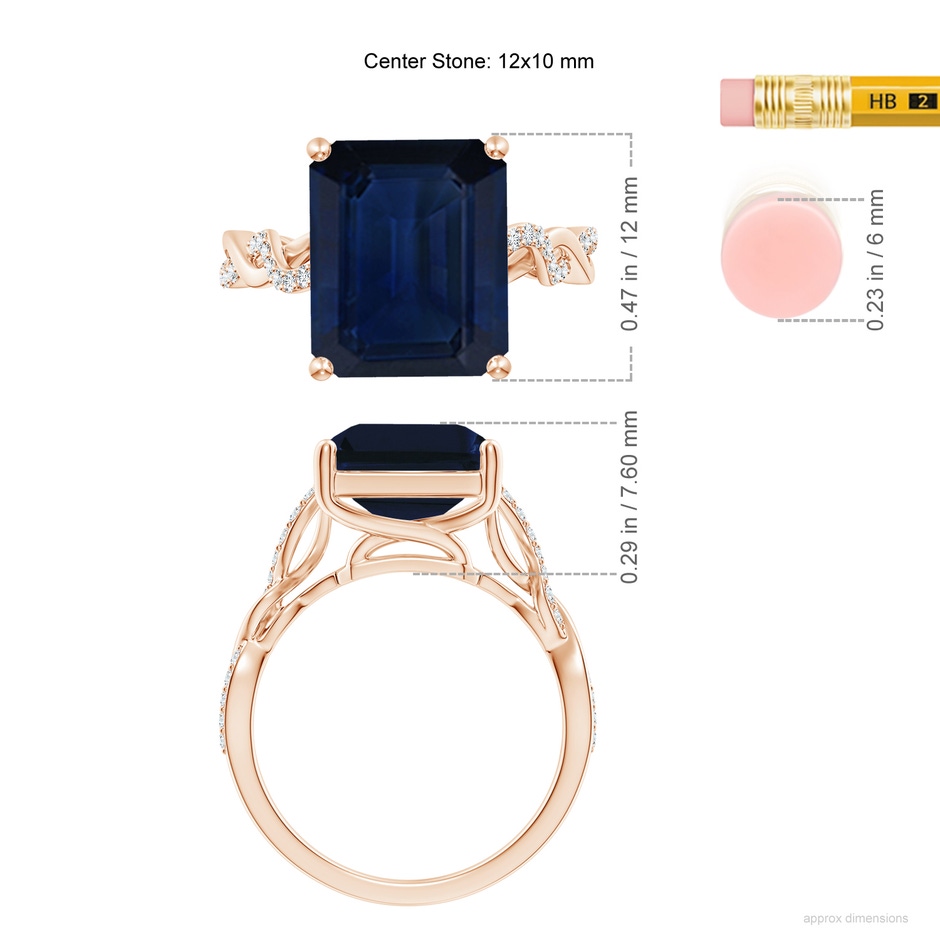 12x10mm AA Emerald-Cut Solitaire Sapphire Infinity Twist Ring in 18K Rose Gold ruler