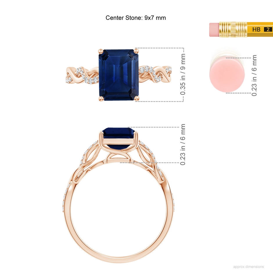 9x7mm AAA Emerald-Cut Solitaire Sapphire Infinity Twist Ring in Rose Gold ruler