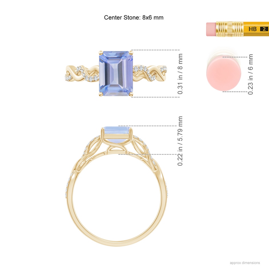8x6mm A Emerald-Cut Solitaire Tanzanite Infinity Twist Ring in 10K Yellow Gold ruler