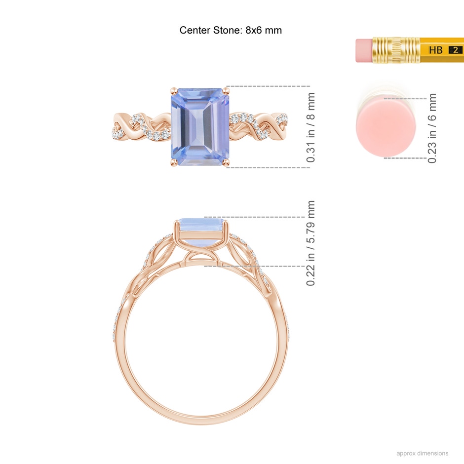 8x6mm A Emerald-Cut Solitaire Tanzanite Infinity Twist Ring in Rose Gold ruler