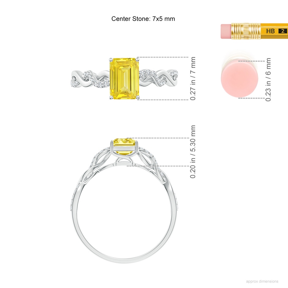 7x5mm AAAA Emerald-Cut Solitaire Fancy Intense Yellow Diamond Infinity Twist Ring in S999 Silver ruler